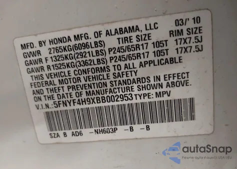 2011 Honda Pilot Touring from USA, damaged, VIN 5FNYF4H9XBB002953